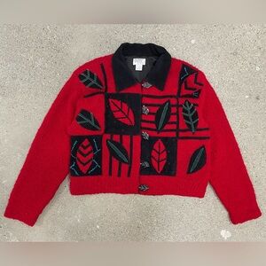 Vintage Wearable Art Crop Bomber Jacket Boucle Knit Suede Trim size Large